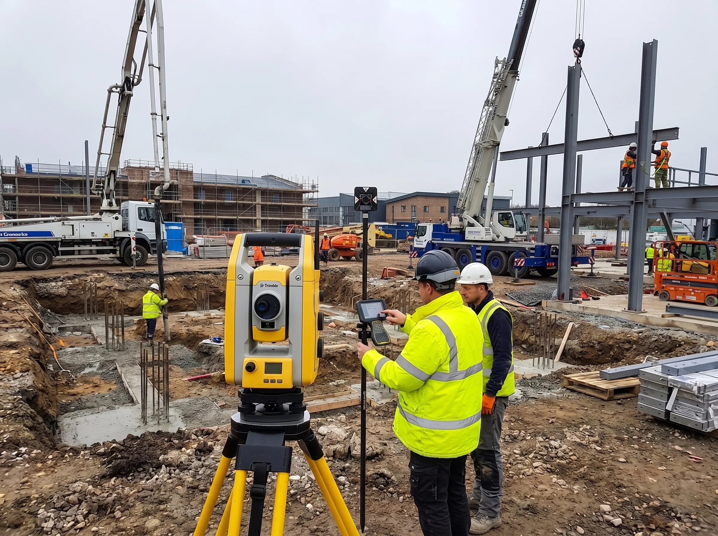 A WTG surveyor setting out with a Trimble total station on a steel-frame construction site