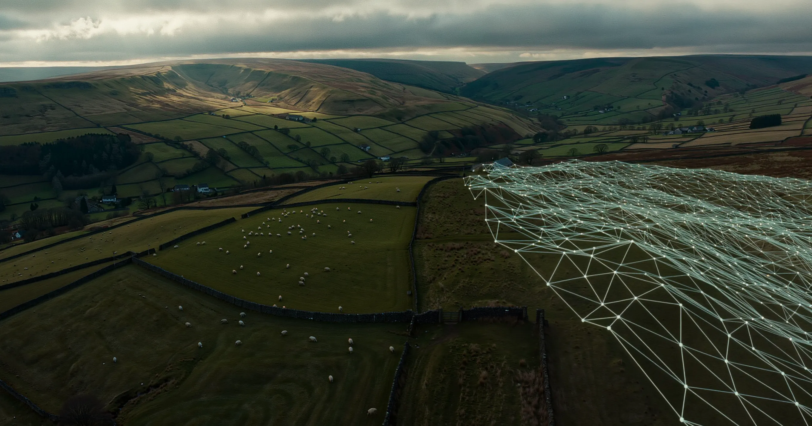 Aerial view of the Yorkshire dales with a digital survey terrain mesh overlaid on the landscape